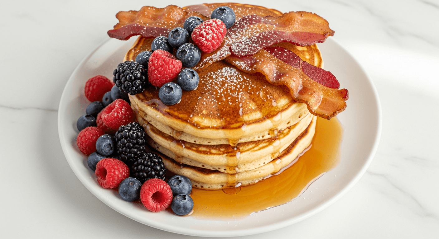 Bacon and Maple Syrup Pancake Stack — american stack pancake recipe served on a plate, photographed from above