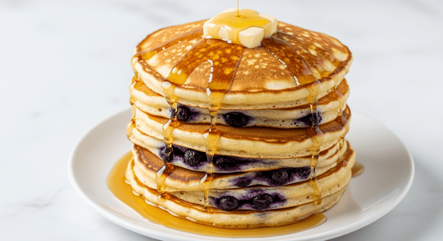 Blueberry American Stack with Lemon Butter — american stack pancake recipe served on a plate, photographed from above