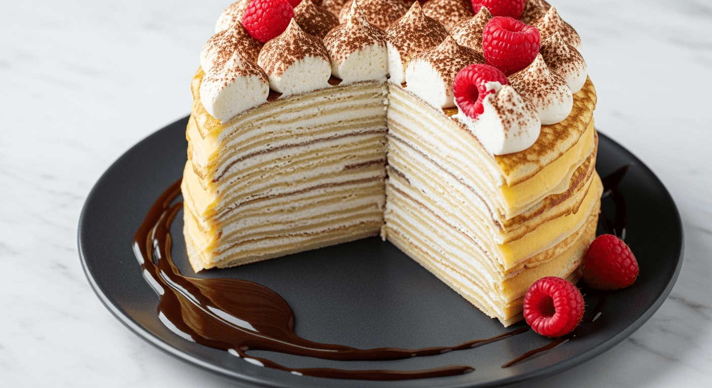 Twenty-Layer Crepe Cake — dessert pancake recipe served on a plate, photographed from above