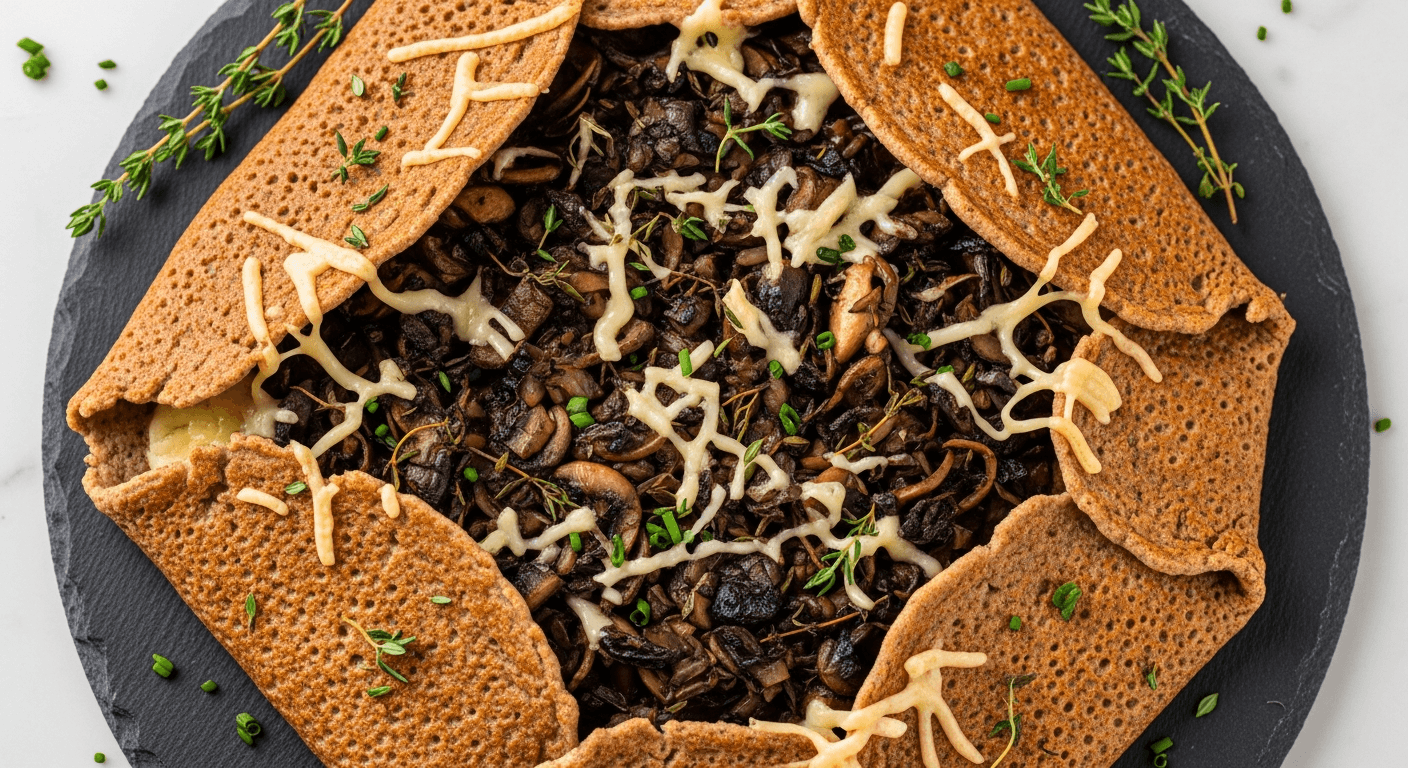 Mushroom and Gruyere Buckwheat Galette - savoury pancake recipe served on a plate, photographed from above