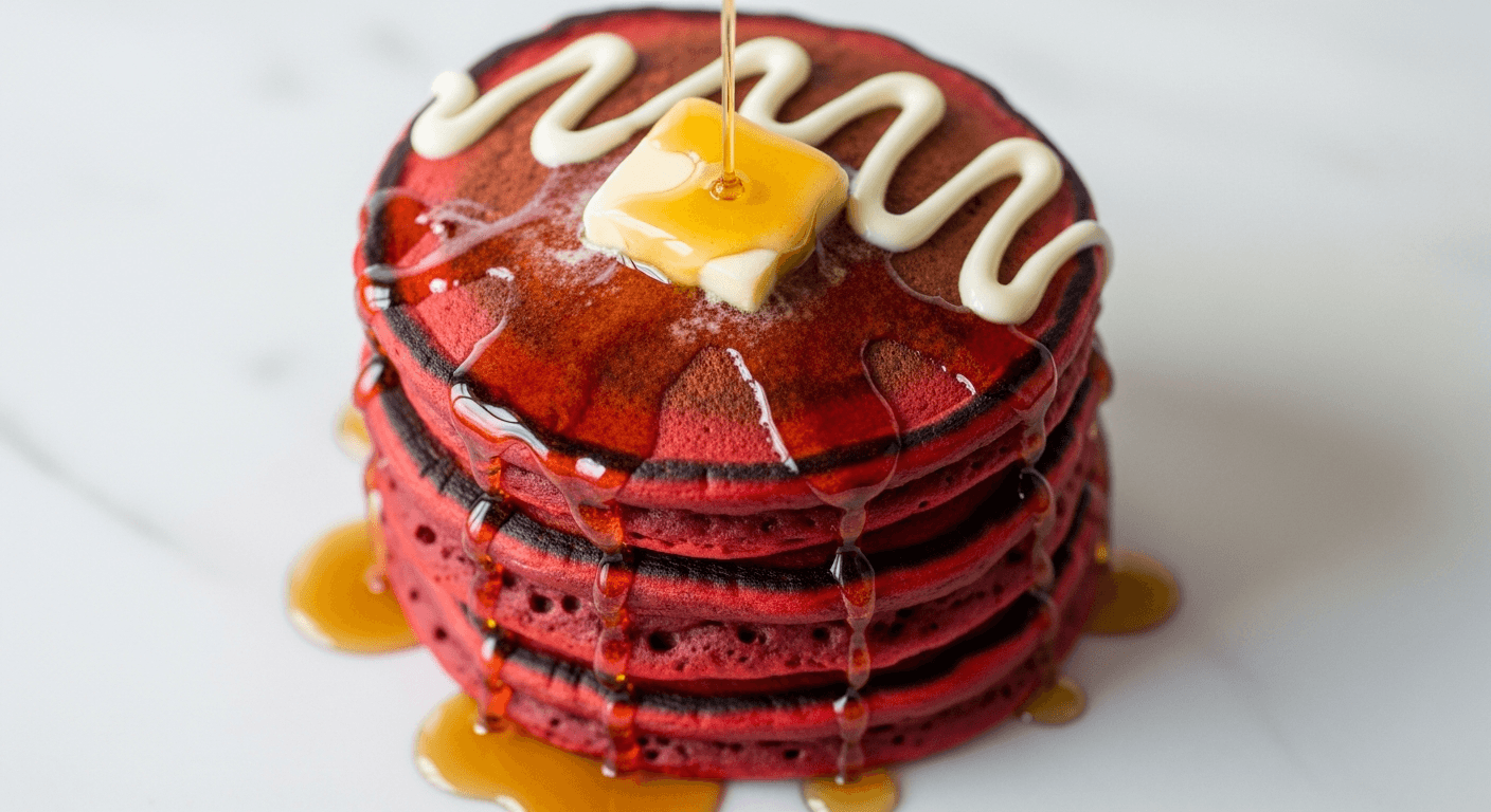Red Velvet Pancake Stack with Cream Cheese Drizzle — american stack pancake recipe served on a plate, photographed from above