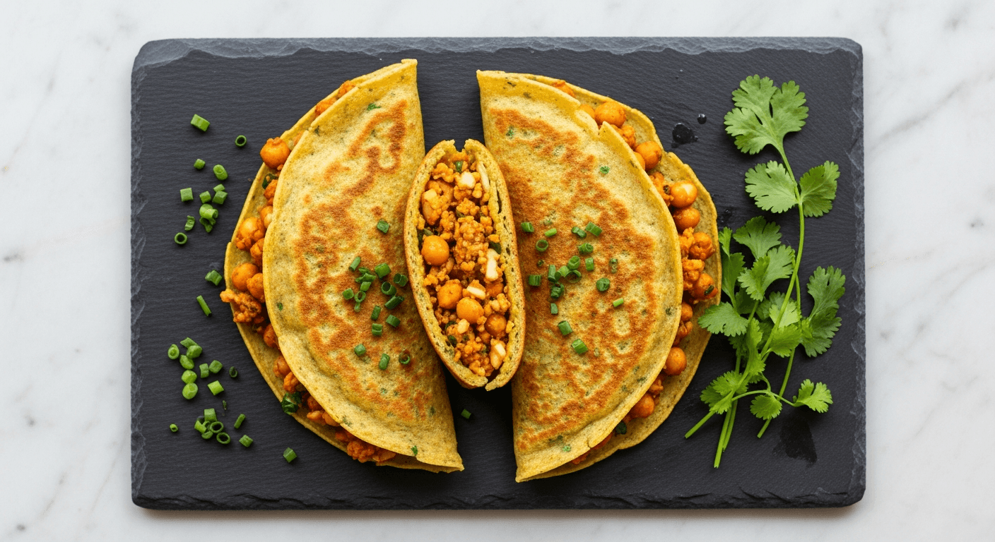 Vegan Savoury Chickpea Pancakes - savoury pancake recipe served on a plate, photographed from above