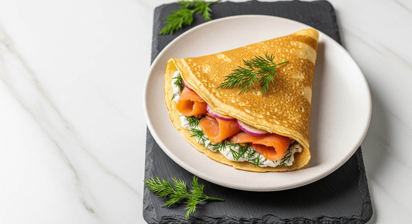 Smoked Salmon and Dill Crepes - savoury pancake recipe served on a plate, photographed from above